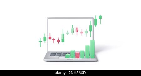 Börsenhandelskonzept. Online-Handel an der Börse. 3D Laptop, Kerzenhalter und Balkendiagramm rendern. Plattform für den Austausch von Kryptowährungen. V Stock Vektor