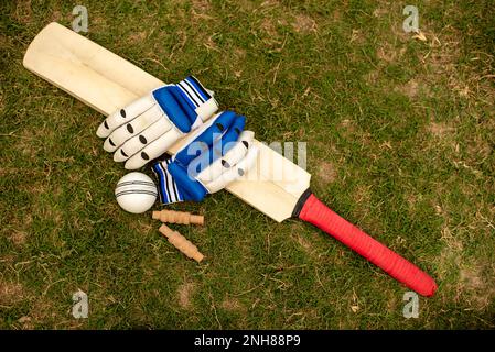 Cricketschläger, Ballhandschuhe und Kaution sind auf dem grünen Spielfeld Stockfoto