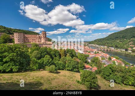 Heidelberg Deutschland, Skyline am Neckar mit alter Brücke und Heidelberger Schloss Stockfoto