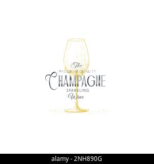 Premium Champagne abstrakte Vektor-Zeichen, Symbol oder Logo-Vorlage. Handgezeichnete Skizze aus funkelndem Weinglas mit Typografie. Elegantes Getränkemblem. Stock Vektor