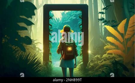 Das Mädchen schaut auf das magische Leuchttor. 3D-Zeichentrickfilm mit Spielplatz. Stock Vektor