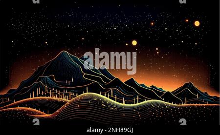 Abstrakte Berglandschaft mit Sternen am Horizont. Futuristischer Landschaftshintergrund. Stock Vektor