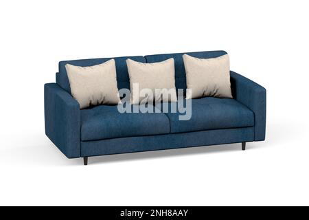 Zweisitzer-Sofa in blauem Stoff mit grauen Kissen und Holzbeinen auf weißem Hintergrund - 3D-Rendering Stockfoto