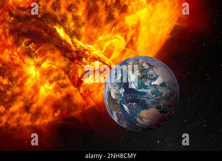 Planet Erde und riesige Sonne. Elemente dieses Bildes, bereitgestellt von der NASA. Stockfoto