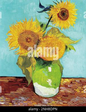 Öl auf Segeltuch Gemälde von Sonnenblumen in einer Vase von Vincent Van Gogh Stockfoto