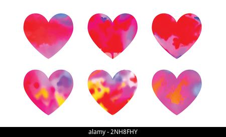 Handgemalte Liebesherzen in Aquarell, Kollektion, illustriert in rot und rosa Tinte und isoliert auf Weiß für Hochzeitseinladungen oder Valentinstag c Stock Vektor