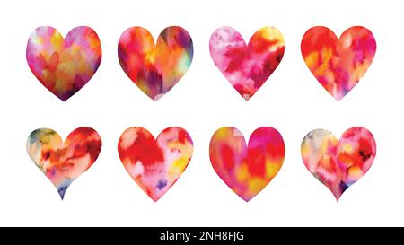 Handgemalte Liebesherzen in Aquarell, Kollektion, illustriert in rot und rosa Tinte und isoliert auf Weiß für Hochzeitseinladungen oder Valentinstag c Stock Vektor
