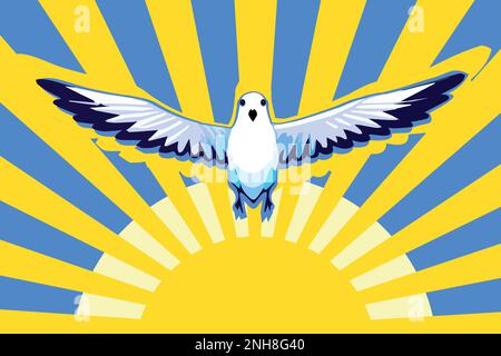 Fliegender Vogel, Taube als Symbol des Friedens. Gelbe Sonne und blauer Himmel. Unterstütze die Ukraine, stehe mit dem Ukraine-Banner und -Poster in Gelb und Blau auf Stock Vektor