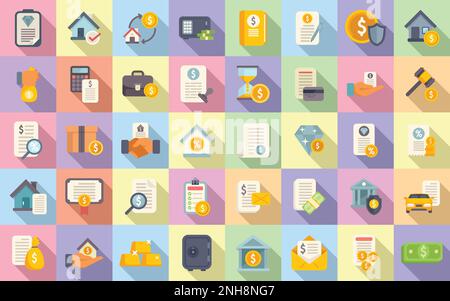 Kollateralsymbole legen den Flachvektor fest. Krediteigenschaft. Darlehenssteuer Stock Vektor