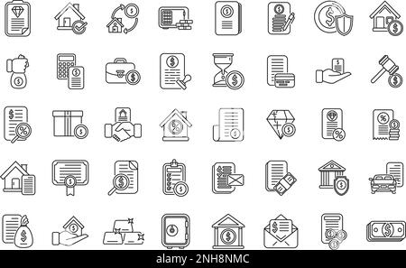 Kollateralsymbole legen den Konturvektor fest. Krediteigenschaft. Darlehenssteuer Stock Vektor