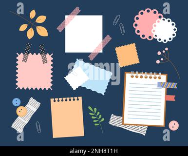 Sammelalben-Elemente. Vektorsammlung von Entwurfsobjekten für die Erstellung. Sammelalbum-Materialien. Satz leere Notizen, Zeitungsausschnitt, Blätter, de Stock Vektor