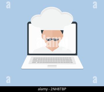 Kulinarische Videoübertragung, Kanal oder Blog mit Logo für den Kochkurs. Koch-Mann bereitet vor. Konzept von Vloggen, Bloggen und Inhalten. Stock Vektor