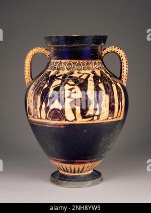 Dachboden Black-Figure Amphora; wird Lydos zugeschrieben oder einem Maler nahe Lydos (Griechisch (Dachboden), aktiv etwa 565 - 535 v. Chr.); 550-540 v. Chr Hier ist Theseus, der den Minotaurus tötet. Theseus stürzt sein Schwert durch den Hals des Monsters, während die befreiten Jugendlichen und Jungfrauen zusehen. Die unzivilisierte Natur des Minotaurus zeigt sich in seiner Wahl der Waffe: Einem Felsen, der in seiner erhobenen Hand festgehalten ist. Stockfoto