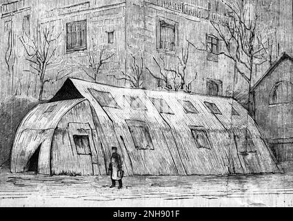 Abbildung zur Grippepandemie in Paris, auf dem Cover von Le Petit Parisien, Januar 1890: Das Äußere eines Spezialzelts, das als Station für Kranke im Innenhof des Krankenhauses errichtet wurde. Die Pandemie von 1889-1890, die oft als Russische Grippe bezeichnet wird, war eine der tödlichsten Pandemien der Geschichte und tötete eine Million Menschen. Stockfoto