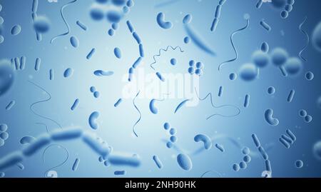 Bakterien. Bakterium. Blaue Farbe. Prokaryotische Mikroorganismen. 3D Abbildung. Banner Stockfoto