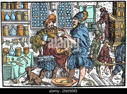 Paracelsus operiert am Kopf eines Mannes. Paracelsus (1493-1541), geboren Theophrastus von Hohenheim, war Schweizer Arzt, Alchemist, Laientheologe und Philosoph der deutschen Renaissance, bekannt als Vater der Toxikologie. Von der ander Theyl der Grossen, ca. 1560s. Gefärbt. Stockfoto