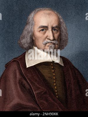 Thomas Hobbes (1588-1679). Strichgravierung von William Humphrys, 1839. Hobbes war ein englischer Philosoph, der Gründer der modernen politischen Philosophie, bekannt für sein Buch Leviathan aus dem Jahr 1651, in dem er eine Formulierung der Gesellschaftsvertragstheorie darlegt. Gefärbt. Stockfoto