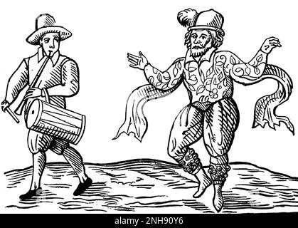 William Kempe (ca. 1560-1603), gemeinhin als will Kemp bezeichnet, war ein englischer Schauspieler und Tänzer, der sich auf Comic-Rollen spezialisiert hat und bekannt ist als einer der ursprünglichen Spieler in den frühen Dramen von William Shakespeare. Nach seinem Ausscheiden aus den Chamberlain's Men setzte Kemp seine Karriere als Künstler fort. Im Februar und März 1600 nahm er das, was er später "neun Tage Wunder" nennen würde, in dem morris von London nach Norwich tanzte und später eine Beschreibung des Ereignisses veröffentlichte, in der diese Gravur (1600) erscheint. Stockfoto