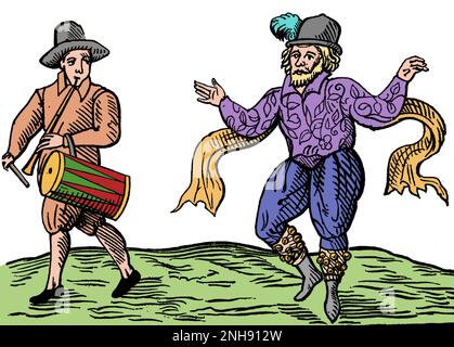 William Kempe (ca. 1560-1603), gemeinhin als will Kemp bezeichnet, war ein englischer Schauspieler und Tänzer, der sich auf Comic-Rollen spezialisiert hat und bekannt ist als einer der ursprünglichen Spieler in den frühen Dramen von William Shakespeare. Nach seinem Ausscheiden aus den Chamberlain's Men setzte Kemp seine Karriere als Künstler fort. Im Februar und März 1600 nahm er das, was er später "neun Tage Wunder" nennen würde, in dem morris von London nach Norwich tanzte und später eine Beschreibung des Ereignisses veröffentlichte, in der diese Gravur (1600) erscheint. Gefärbt. Stockfoto