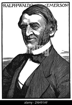 Ralph Waldo Emerson (1803-1882), amerikanischer Essayist, Dozent, Philosoph, Abolitionist, Und ein Dichter, der die transzendentalistische Bewegung Mitte des 19. Jahrhunderts anführte. Holzschnitt von Robert Bryden (1865-1939), schottischer Künstler und Bildhauer, 1901. Stockfoto