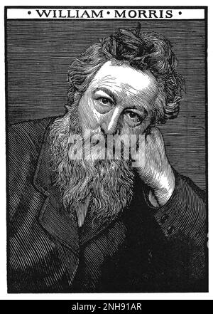 William Morris (1834-1896) war ein englischer Textildesigner, Dichter, Künstler, Schriftsteller, Architekturschützer, Drucker, Übersetzer und sozialistischer Aktivist, verbunden mit der britischen Kunst- und Handwerksbewegung. Holzschnitt von Robert Bryden (1865-1939), schottischer Künstler und Bildhauer, 1901. Stockfoto