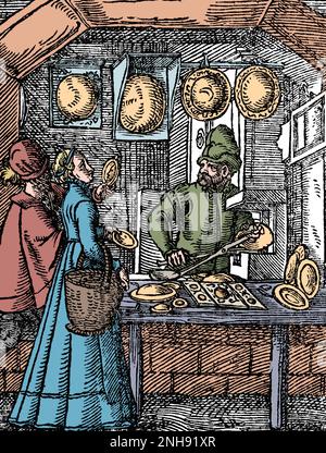 Ein Spiegelmacher in seiner Werkstatt, mit konvexen Spiegeln und zwei Kunden, die Handspiegel ausprobieren. Woodcut aus Jost Ammans Handelsbuch, 1568. Gefärbt. Stockfoto