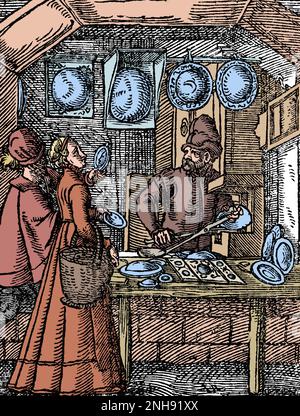 Ein Spiegelmacher in seiner Werkstatt, mit konvexen Spiegeln und zwei Kunden, die Handspiegel ausprobieren. Woodcut aus Jost Ammans Handelsbuch, 1568. Gefärbt. Stockfoto