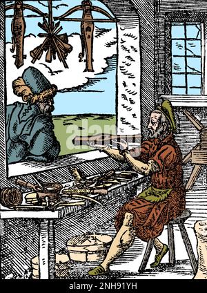 Ein Armbrust-Hersteller (Bowyer) arbeitet an seiner Werkbank, mit zwei fertigen Armbrust und einigen Bolzen, die im Fenster hängen. Woodcut aus Jost Ammans Handelsbuch, 1568. Gefärbt. Stockfoto