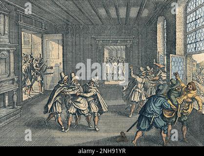 Matthaus Merians Eindruck von der Prager Verteidigung 1618. Verteidigung ist der Akt, jemanden aus dem Fenster zu werfen. Der Begriff wurde rund um die Zeit eines Vorfalls in der Prager Burg im Jahr 1618 geprägt, der zu dem Funken wurde, der den Dreißigjährigen Krieg auslöste. Ein ähnlicher Vorfall ereignete sich 200 Jahre früher im Prager Rathaus im Jahr 1419, der zum Hussitenkrieg führte. Gravur von 1662. Gefärbt. Stockfoto