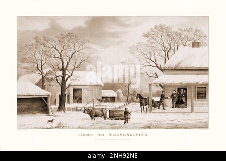 Ein Aufdruck von Currier & Ives, ca. 1867, der zeigt, wie sich Amerikaner aus dem 19. Jahrhundert zu Thanksgiving versammeln. Stockfoto