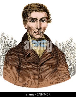 William Hare, 1829. Die Morde an Burke und Hare waren eine Serie von 16 Morden, die 1828 in Edinburgh, Schottland, über zehn Monate von irischen Einwanderern William Burke (1792-1829) und William Hare (1792-?) begangen wurden, die die Leichen an Robert Knox (1791-1862) zur Sektion in seinen Anatomievorlesungen verkauften. Hare entging der Verurteilung, indem er gegen William Burke aussagte, der 1829 gehängt und öffentlich seziert wurde. Die Morde und der Handel mit illegalen Leichen verhöhnten die Öffentlichkeit so, dass das Anatomiegesetz im Jahr 1832 verabschiedet wurde, das Ärzten die Erlaubnis gab, gespendete Leichen zu sezieren. Gefärbt. Stockfoto