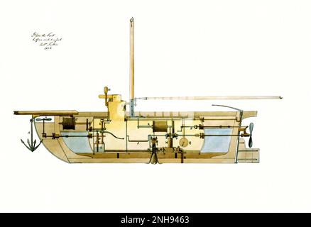 U-Boot, U-Boot-Bomben und Angriffsmodus für die US-Regierung von Robert Fulton, 1806. U-Boot, Längsschnitt. Robert Fulton (1765 - 1815) war ein amerikanischer Ingenieur und Erfinder. Während er in Frankreich lebte, entwarf Fulton zwischen 1793 und 97 das erste funktionierende muskelgetriebene U-Boot, Nautilus. Am 3. Juli 1801, in Le Havre, nahm Fulton die Nautilus in die damals bemerkenswerte Tiefe von 25 Fuß. Stockfoto