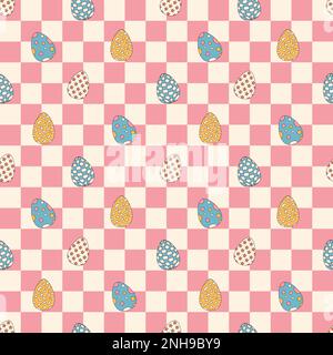Groovy Hippie Happy Easter Nahtloses Muster. Ostereier auf Schachhintergrund. Osterhintergründe im trendigen Retro-60s 70s-Cartoon-Stil Stock Vektor