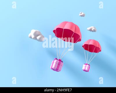 3D Roter Fallschirm mit pinkfarbener Geschenkbox, der durch die Wolken fliegt. 3D-Darstellung rendern Stockfoto