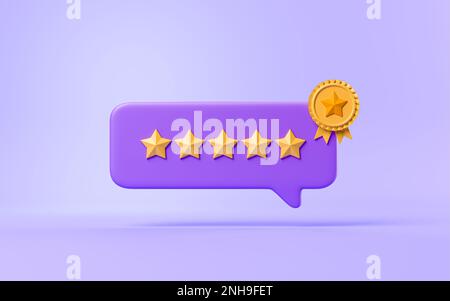 Chat Bubble Talk with Five Star Score Kundenbewertung Premium Qualitätsgarantie soziale Medien Symbolkonzept schwebend auf violettem pastellfarbenem Hintergrund Minim Stockfoto