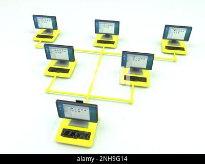 Sechs Computer im Netzwerk in gelbem 3D-Rendering Stockfoto