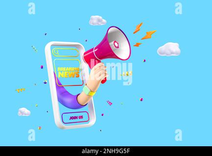 Nachrichtenwarnung von Hand mit мan Megafon oder Lautsprecher am Telefon. Flaches Cartoon-Bannerschild mit Ankündigung auf blauem Hintergrund. 3D Stockfoto
