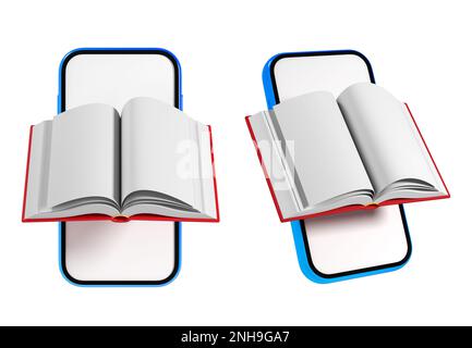 3D-Rendering-Set eBook-Symbol, Buch vor dem Smartphone. Beschneidungspfad jedes enthaltenen Elements. Stockfoto