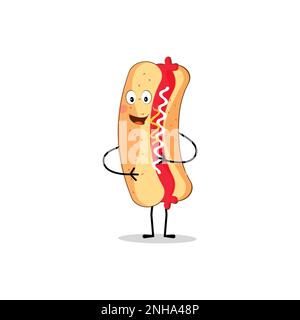 Hot Dog Cartoon Maskottchen-Figur. Speisekonzept. Poster, Menüs, Broschüren, Internet und Icon Fast Food. Illustration Fast Food. Lustiger Hotdog. Stock Vektor