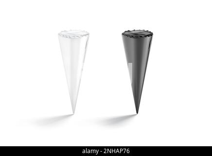 Schwarzweißes Eiskegelmodell, isoliert, 3D-Rendering. Leeres Papierpaket für Eiswürfelmodell, Vorderansicht. Löschen Sie die Hupe oder Stockfoto