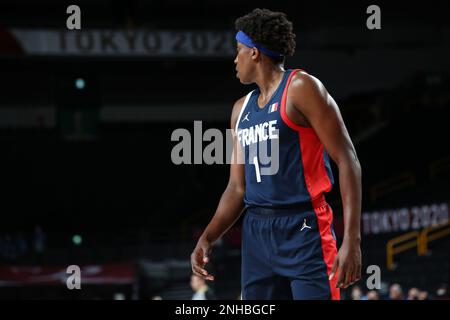 7. AUGUST 2021: Frank Ntilikina von Frankreich im Goldmedaillenspiel für Herren bei den Olympischen Spielen 2020 in Tokio (Foto: Mickael Chavet/RX) Stockfoto