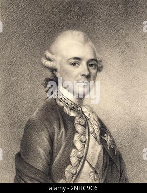 Der französische Adelspolitiker und Mahnmal VICTOR Maurice de RIQUET Count DE CARAMAN ( 1727 - 1806 ), Maréchal de Camp, comte d' Auvergne , Leutnant Général du King Ludwig XVI. Von 1787 zum Oberbefehlshaber der königlichen Regimente ernannt, die in der Provence stationiert sind. Designer des königlichen Gartens von Trianon für die französische Königin Marie Antoinette . Verheiratet am Tag des 26. oktober 1750 mit der Prinzesse de CHIMAY von Anne-Gabrielle d'Alsace . Vater von Francois-Joseph-Philippe de Riquet Prince de CARAMAN CHIMAY , der von Napoléon Bonaparte den Titel Chefkoch di COHORTE - GESCHICHTE - FOTO STORICHE - Rituto - Portrait erhält Stockfoto