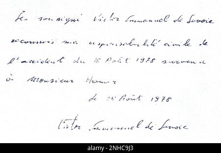 1978 , 28 . august , Ajaccio , Korsika : Erklärung DER Verantwortlichkeit VON VITTORIO EMANUELE di SAVOIA für den Mord an dem jungen deutschen Mann DIRK HAMER ( 1959 -1978 ) , Sohn von Dr. Ryke Geer Hamer , gesegnet vom italienischen Prinzen in Isola di Cavallo , Korsika - Savoy - reali - nobili italiani - nobiltà italiana - mistero - mystery - dichiarazione di responsabilità civile - assassinio --- Archivio GBB Stockfoto