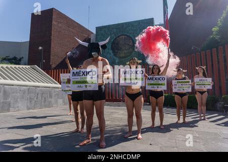 Mexiko-Stadt, Mexiko. 21. Februar 2023. 21. Februar 2023. Mexiko-Stadt, Mexiko: Mitglieder des Kollektivs der „Tierhelden“, die friedlich vor der Verfechterkammer in San Lázaro protestierten; Einige Mitglieder dieses Kollektivs bemalten ihre Körper mit roter Farbe, um Blut zu simulieren, und verwendeten Hörner und Masken, um die Bundesbeamten zu bitten, über den Gesetzesvorschlag zu diktieren, den sie der Umweltkommission über Stierkampf-Folter in Stierkämpfen gemacht haben./Eyepix Group Credit: SIPA USA/Alamy Live News Stockfoto