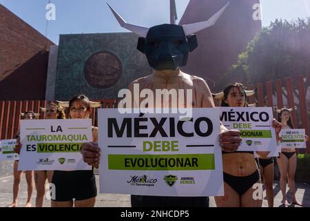 Mexiko-Stadt, Mexiko. 21. Februar 2023. 21. Februar 2023. Mexiko-Stadt, Mexiko: Mitglieder des Kollektivs der „Tierhelden“, die friedlich vor der Verfechterkammer in San Lázaro protestierten; Einige Mitglieder dieses Kollektivs bemalten ihre Körper mit roter Farbe, um Blut zu simulieren, und verwendeten Hörner und Masken, um die Bundesbeamten zu bitten, über den Gesetzesvorschlag zu diktieren, den sie der Umweltkommission über Stierkampf-Folter in Stierkämpfen gemacht haben./Eyepix Group Credit: SIPA USA/Alamy Live News Stockfoto