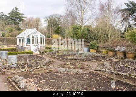 Gewächshaus und ein inaktiver Küchengarten während eines britischen Winters, Pflanzmaschinen, Pflanztöpfe Stockfoto