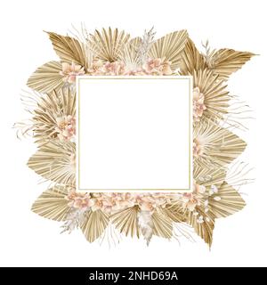 Blumenrahmen mit trockenen Palmenblättern und Orchideenblumen im Boho-Stil. Aquarell, quadratische tropische Grenze. Handgezeichnete Vorlage für unkonventionelle Grußkarten oder Hochzeitseinladungen auf isoliertem Hintergrund. Stockfoto