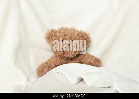 Brauner Baby-Teddybär auf weißer Decke, Babyspielzeug Stockfoto