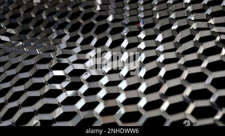 Abstrakter metallischer Hintergrund, schwebendes sechseckiges Gitter, endloses geometrisches Feld auf schwarzem Hintergrund. Kreativer 3D-Hintergrund. Stockfoto