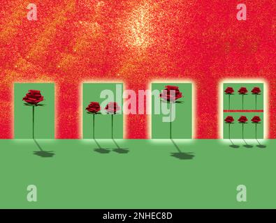 Rot-grüner Hintergrund mit leuchtender Tür mit Rosen, kreatives Weihnachtskunstdesign Stockfoto